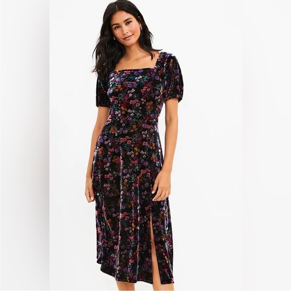 LOFT Floral Velvet Square Neck Midi Dress NWT - Picture 1 of 9
